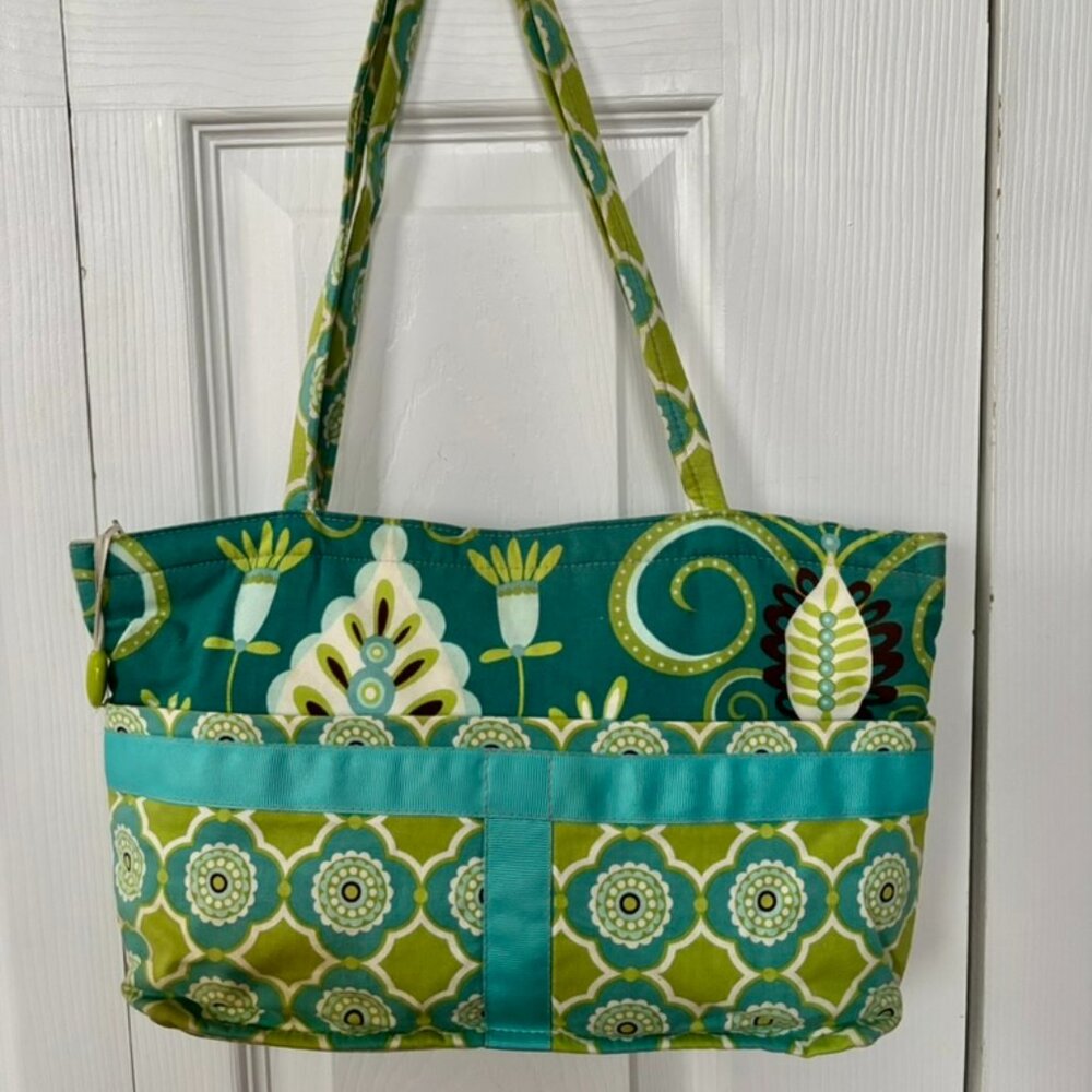 Sally Bags Small Tote Shoulder Purse All Cotton Turquoise In Teal Floral Pattern